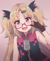 Rule 34 | 1girl, :d, akatsuki uni, bare shoulders, black gloves, blonde hair, commentary, english commentary, fang, fingerless gloves, glasses, gloves, hand up, highres, kukie-nyan, looking at viewer, open mouth, pink-framed eyewear, pink background, red eyes, semi-rimless eyewear, skin fang, smile, solo, two side up, under-rim eyewear, uni create, upper body, virtual youtuber, zipper