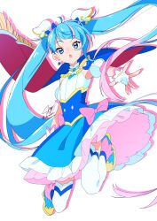 Rule 34 | 1girl, absurdres, blue cape, blue dress, blue eyes, blue hair, cape, cure sky, dress, fingerless gloves, gloves, highres, hirogaru sky! precure, long hair, looking at viewer, magical girl, multicolored cape, multicolored clothes, open mouth, precure, red cape, shimogu, short sleeves, solo, sora harewataru, twintails, white background