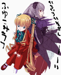 Rule 34 | 00s, 2girls, back-to-back, black wings, blonde hair, bonnet, dress, drill hair, flower, hairband, long hair, looking at viewer, looking back, mary janes, mikage nao, multiple girls, red dress, rose, rozen maiden, shinku, shoes, silver hair, simple background, sketch, suigintou, v arms, very long hair, wings