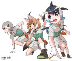 Rule 34 | 3girls, action, alternate costume, animal ears, beige shirt, beige shorts, black footwear, black hair, blonde hair, blowhole, blue eyes, blue hair, blush, cetacean tail, chalk, collared shirt, commentary request, common dolphin (kemono friends), dhole (kemono friends), dog ears, dog girl, dog tail, extra ears, fins, fish tail, glasses, gloves, green eyes, green footwear, green shirt, grey hair, highres, kemono friends, kemono friends 3, khakis, kneeling, light brown hair, matching outfits, meerkat (kemono friends), meerkat ears, meerkat tail, multicolored hair, multiple girls, neck ribbon, neckwear request, pov, ribbon, shirt, shoes, short hair, short sleeves, shorts, sneakers, socks, tail, takebi, two-tone footwear, two-tone hair, two-tone shirt, uniform, whistle, white background, white gloves, white hair, white legwear