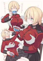 Rule 34 | 1boy, 1girl, arched back, blonde hair, blue eyes, blush, braid, braided bun, breasts, button gap, closed eyes, closed mouth, covering own mouth, cropped torso, cup, darjeeling (girls und panzer), disembodied hand, girls und panzer, grabbing, grabbing another&#039;s breast, hair bun, hetero, holding, holding cup, jacket, large breasts, long sleeves, military jacket, multiple views, red jacket, saucer, shiseki hirame, sitting, st. gloriana&#039;s military uniform, sweatdrop, teacup, translation request