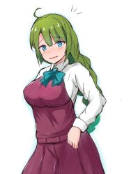 Rule 34 | 1girl, :d, absurdres, ahoge, blue bow, blue bowtie, blue eyes, blue outline, blush, bow, bowtie, breasts, collared shirt, commentary request, dress, green hair, hair between eyes, head tilt, highres, kantai collection, large breasts, long hair, long sleeves, looking at viewer, mitiru ccc2, no mole, open mouth, outline, pleated dress, purple dress, school uniform, shirt, sketch, sleeveless, sleeveless dress, smile, solo, very long hair, white background, white shirt, yuugumo (kancolle)