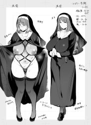 Rule 34 | 1girl, black dress, black footwear, black thighhighs, blush, breasts, character sheet, closed eyes, closed mouth, commentary request, cross, cross necklace, curvy, discreet vibrator, dress, full body, greyscale, highres, interlocked fingers, jewelry, kuro (jyupiter), large breasts, long hair, monochrome, multiple views, navel, necklace, nipple piercing, nipples, nun, open clothes, open robe, original, own hands together, piercing, pussy, robe, sex toy, sketch, standing, sweat, swimsuit, thighhighs, thighs, translation request, veil, vibrator, vibrator in thighhighs