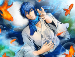 Rule 34 | 1boy, a=k, blue eyes, blue hair, blue nails, blue scarf, fish, from above, goldfish, japanese clothes, kaito (vocaloid), kimono, male focus, matching hair/eyes, nail polish, scarf, solo, vocaloid