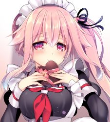 Rule 34 | 1girl, alternate costume, blush, box, breasts, enmaided, gift, hair between eyes, hair flaps, hair ornament, harusame (kancolle), heart, heart-shaped box, highres, holding, holding gift, kantai collection, long sleeves, looking at viewer, maid, maid headdress, medium breasts, neckerchief, pink eyes, pink hair, red neckerchief, ringo sui, side ponytail, sidelocks, solo, valentine
