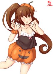Rule 34 | 1girl, artist logo, black camisole, brown eyes, brown hair, camisole, chestnut mouth, collarbone, commentary request, cosplay, cowboy shot, dated, fumizuki (kancolle), highres, jack-o&#039;-lantern, kanon (kurogane knights), kantai collection, libeccio (kancolle) (cosplay), libeccio (kancolle), long hair, looking at viewer, one eye closed, orange headwear, ponytail, pumpkin skirt, revision, simple background, solo, white background