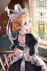 Rule 34 | 1girl, adjusting clothes, apron, arms behind back, blonde hair, breasts, comet (teamon), corset, frilled apron, frills, from behind, glasses, hat, indoors, juliet sleeves, lamp, large breasts, light smile, long sleeves, looking at viewer, looking back, maid, maid apron, mandrake girls, photo (object), puffy sleeves, purple eyes, round eyewear, solo, stained glass, stairs, window
