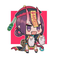 Rule 34 | 1girl, black dress, black footwear, black hat, border, chibi, china dress, chinese clothes, dress, eyeliner, fang, fate/grand order, fate (series), hair rings, hat, horns, jiangshi, makeup, ofuda, oneroom-disco, open mouth, outstretched arms, pink eyeliner, pointy ears, purple eyes, purple hair, qingdai guanmao, shuten douji (fate), shuten douji (festival outfit) (fate), skin-covered horns, solo, white border, zombie pose
