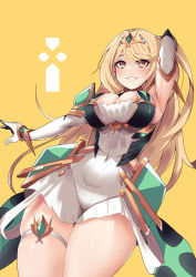 Rule 34 | 1girl, bare legs, bare shoulders, blonde hair, breasts, chest jewel, cleavage, cleavage cutout, clothing cutout, dress, earrings, elbow gloves, gem, gloves, headpiece, highres, jewelry, johnny funamushi, large breasts, long hair, mythra (xenoblade), short dress, solo, swept bangs, thigh strap, tiara, very long hair, white dress, white gloves, xenoblade chronicles (series), xenoblade chronicles 2, yellow eyes