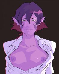 Rule 34 | 1girl, breasts, colored skin, highres, krederic, krolia, medium breasts, open clothes, open shirt, purple skin, shirt, smile, voltron: legendary defender, voltron (series), white shirt