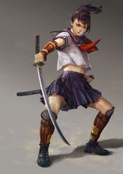 Rule 34 | 1girl, armor, armored boots, blouse, boots, drawing sword, gradient background, grey background, hand on hilt, hand on sword, highres, holding, holding sword, holding weapon, katana, kiyohisa, legs apart, neckerchief, original, pleated skirt, ponytail, red neckerchief, samurai, school uniform, serafuku, shin guards, shirt, simple background, skirt, solo, spread legs, standing, sword, tagme, weapon, white shirt