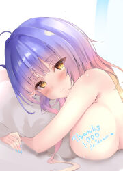 Rule 34 | 1girl, absurdres, ahoge, blonde hair, blue hair, blue nails, blush, breasts, commentary request, completely nude, eyelashes, eyes visible through hair, fingernails, from side, gradient hair, hair between eyes, hair down, head on pillow, heart, highres, hugging object, kohibari kurumi, large breasts, long hair, looking at viewer, lying, milestone celebration, multicolored hair, nail polish, nude, on bed, on stomach, pillow, pillow hug, purunyara, sideboob, simple background, smile, solo, tenshi souzou re-boot!, wavy hair, white background, yellow eyes