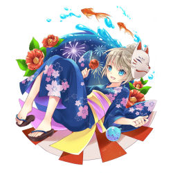 Rule 34 | 1girl, blonde hair, blue eyes, feet, fish, flower, full body, geta, japanese clothes, kimono, mask, no socks, original, ouu min, sandals, short hair, simple background, smile, solo, toes, water
