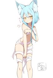 Rule 34 | 1girl, absurdres, animal ear fluff, animal ears, bandages, blue hair, closed mouth, commentary request, feet out of frame, hair between eyes, highres, idaten93, long hair, looking at viewer, naked bandage, original, signature, simple background, solo, standing, terufu-chan, v-shaped eyebrows, white background, yellow eyes