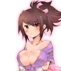 Rule 34 | 00s, 1girl, :t, bare shoulders, blush, breast hold, breasts, brown eyes, brown hair, cleavage, fujibayashi sheena, hagino kaede, hair ribbon, huge breasts, japanese clothes, ribbon, solo, tales of (series), tales of symphonia, white background