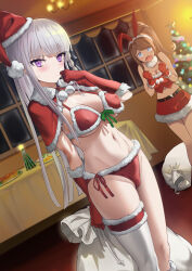 Rule 34 | 2girls, andou shuki, animal ears, arm behind back, asahina aoi, asymmetrical legwear, bikini, blue eyes, blush, braid, breasts, brown hair, cameltoe, capelet, christmas tree, cleavage, clenched hands, closed mouth, commentary request, covered erect nipples, crop top, danganronpa: trigger happy havoc, danganronpa (series), dutch angle, elbow gloves, fake animal ears, feet out of frame, food, front-tie bikini top, front-tie top, fur trim, gloves, grey hair, groin, hand up, hands up, hat, high ponytail, highres, indoors, kirigiri kyoko, legs together, long hair, looking at another, looking at viewer, medium breasts, miniskirt, multiple girls, navel, night, open mouth, paid reward available, pale skin, plate, pom pom (clothes), ponytail, purple eyes, rabbit ears, red bikini, red gloves, red headwear, red skirt, santa bikini, santa hat, side-tie bikini bottom, side braid, single braid, single thighhigh, skirt, standing, stomach, strapless, swimsuit, table, tan, thigh strap, thighhighs, v-shaped eyebrows, very long hair, white thighhighs, window