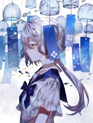 Rule 34 | 1girl, blue bow, blue neckwear, blue sailor collar, bow, caustics, choker, closed mouth, commentary request, fish, from side, grey choker, grey hair, highres, iwai ku tsuki, looking to the side, original, profile, ribbon choker, sailor collar, school uniform, serafuku, shirt, short hair with long locks, short sleeves, simple background, solo, upper body, white background, white shirt, wind chime, yellow eyes