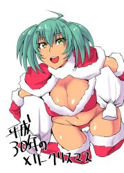 Rule 34 | 1girl, boots, breasts, christmas, dark-skinned female, dark skin, earrings, female focus, gloves, green hair, haiboku, happy, highres, ikkitousen, jewelry, large breasts, looking at viewer, ryofu housen, shiny skin, solo, thong, twintails