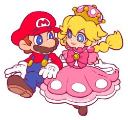 Rule 34 | 1boy, 1girl, blue eyes, bow, braid, bright pupils, brown footwear, brown hair, crown, dress, earrings, facial hair, ghost-pepper, gloves, jewelry, locked arms, long hair, looking at another, mario, mario (series), mustache, new super mario bros. u deluxe, nintendo, peachette, pink bow, pink dress, puffy short sleeves, puffy sleeves, short sleeves, simple background, smile, super crown, toadette, twin braids, white background