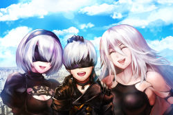 Rule 34 | 1boy, 2girls, ^ ^, android, blindfold, dtcy, happy, multiple girls, nier (series), nier:automata, sky, smile, white hair, 2b (nier:automata), 9s (nier:automata), a2 (nier:automata)