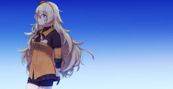 Rule 34 | 1girl, absurdres, ascot, bike shorts, black gloves, blonde hair, blue background, blue eyes, breasts, closed mouth, commentary request, girls&#039; frontline, gloves, gradient background, gudrn, hair between eyes, hairband, highres, italian flag neckwear, italian text, long hair, long sleeves, looking to the side, medium breasts, messy hair, orange hairband, pleated skirt, ribbon-trimmed skirt, ribbon trim, s.a.t.8 (girls&#039; frontline), shorts, shorts under skirt, sidelocks, skirt, smile, solo, standing, very long hair, wing collar