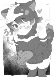 Rule 34 | 1girl, absurdres, apron, australian devil (kemono friends), bare shoulders, blush, bow, bowtie, detached sleeves, disembodied hand, eyepatch, frilled apron, frills, gloves, greyscale, hair between eyes, hand on another&#039;s head, heart, highres, kemono friends, kumasyan1998, looking at viewer, looking up, medical eyepatch, monochrome, own hands together, pleated skirt, short hair, sidelocks, skirt, solo, tasmanian devil ears, tasmanian devil tail, thighhighs, wavy mouth, zettai ryouiki