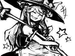 Rule 34 | 1girl, :d, ^^^, ^ ^, apron, broom, closed eyes, dress, female focus, greyscale, hat, holding, kirisame marisa, laughing, luft, monochrome, open mouth, puffy short sleeves, puffy sleeves, short sleeves, simple background, smile, solo, star (symbol), touhou, waist apron, white background, witch hat