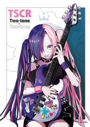 Rule 34 | 1girl, collar, guitar, hair ornament, hair over one eye, highres, instrument, multicolored eyes, multicolored hair, nail polish, original, puppeteer7777, split-color hair, tongue, twintails, two-tone hair