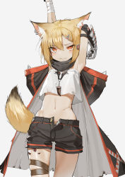 Rule 34 | 1girl, 3:, absurdres, animal ears, arknights, armpits, arms up, bandaged arm, bandages, bare shoulders, black shorts, blonde hair, blouse, cloak, closed mouth, commentary request, cowboy shot, crop top, crop top overhang, ear piercing, fang, fox ears, fox tail, hair ornament, hairclip, heart, heart-shaped pupils, highres, jewelry, kentllaall, leg belt, looking at viewer, mechanical arms, midriff, navel, necklace, notched ear, open fly, orange eyes, originium (arknights), piercing, sanpaku, shirt, short hair, short shorts, shorts, simple background, single mechanical arm, sleeveless, sleeveless shirt, solo, stomach, strapless, symbol-shaped pupils, tail, thighs, vermeil (arknights), white shirt, wolf ears, wolf girl, wolf tail