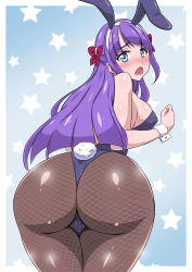 Rule 34 | 1girl, animal ears, artist request, ass, back, backless outfit, bare shoulders, blue eyes, blush, bow, breasts, cameltoe, embarrassed, fake animal ears, fishnet pantyhose, fishnets, from behind, hair bow, hairband, highres, huge ass, kaguya madoka, large breasts, leotard, long hair, looking at viewer, looking back, open mouth, pantyhose, playboy bunny, precure, purple eyes, rabbit ears, rabbit tail, shiny clothes, shiny skin, sideboob, solo, star twinkle precure, sweat, tail, thick thighs, thighs, thong leotard, very long hair, wide hips, wrist cuffs