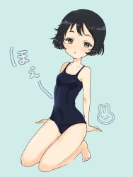Rule 34 | 1girl, arm support, barefoot, black eyes, black hair, black one-piece swimsuit, blush, commentary, girls und panzer, green background, highres, kneeling, looking at viewer, momochi (mmc cmm), one-piece swimsuit, parted lips, rabbit, school swimsuit, short hair, simple background, solo, swimsuit, utsugi yuuki