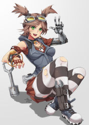 Rule 34 | &gt;:d, 1girl, :d, arm rest, artificial limb, bad id, bad pixiv id, bandage on face, bandages, borderlands (series), borderlands 2, breasts, brown hair, choker, fingerless gloves, gaige, gloves, goggles, goggles on head, green eyes, hammer, highres, holster, hood, hoodie, jacket, laces, mechanical arms, open mouth, pantyhose, prosthesis, prosthetic arm, red hair, shadow, shoes, single mechanical arm, skirt, sleeveless, smile, sneakers, solo, stormcow, striped clothes, striped pantyhose, teeth, torn clothes, torn pantyhose, twintails, v, v-shaped eyebrows, w, wrench