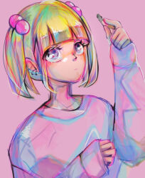 Rule 34 | 1girl, arm up, blonde hair, chanel (jimoto saikou), cigarette, earrings, hair bobbles, hair ornament, holding, holding cigarette, jewelry, jimoto saikou, long sleeves, pink background, purple eyes, short hair, short twintails, simple background, sketch, solo, twintails, um66syt