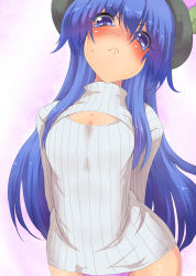 Rule 34 | 1girl, :c, arms behind back, blue eyes, blue hair, blush, breast conscious, breasts, cleavage cutout, clothing cutout, flat chest, food, fruit, hat, hinanawi tenshi, long hair, long sleeves, looking at viewer, matching hair/eyes, meme attire, no pants, open-chest sweater, panties, peach, pink panties, ribbed sweater, small breasts, solo, suikamaru, sweater, tears, touhou, turtleneck, underwear, very long hair