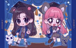 Rule 34 | 2girls, :d, animal ears, animification, bear, bear ears, black eyes, black footwear, black hair, blue jacket, blush, brown eyes, brown footwear, cat ears, character name, collared shirt, curtains, grey necktie, grey skirt, haewon (nmixx), hair behind ear, hat, highres, holding, holding microphone, jacket, k-pop, koala, lily (nmixx), looking at viewer, microphone, mortarboard, multiple girls, necktie, nmixx, o bianyi didi shu o, open mouth, pink hair, real life, ribbon, shirt, shoes, skirt, smile, sneakers, star (symbol), v