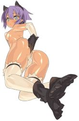 Rule 34 | 1girl, animal ears, aqua eyes, ass, black gloves, blade (galaxist), blush, breasts, cat ears, cat girl, character request, copyright request, crotch, dark-skinned female, dark skin, elbow gloves, female focus, from behind, from below, full body, gloves, hand on ass, horns, legs, looking at viewer, md5 mismatch, pointy ears, purple hair, resized, shiny skin, short hair, simple background, solo, spread legs, thighhighs, thighs, white background, white thighhighs