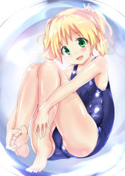 Rule 34 | 1girl, alice cartelet, barefoot, blonde hair, bubble, feet, green eyes, hands on feet, highres, in bubble, kin-iro mosaic, naka (cheeseyeast), one-piece swimsuit, open mouth, school swimsuit, short hair, soles, solo, swimsuit, toes, twintails