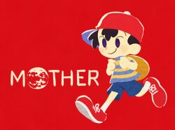 Rule 34 | 1boy, backpack, bag, baseball cap, black hair, blue shorts, blush, brown bag, closed mouth, copyright name, full body, hat, male focus, mother (game), mother 2, ness (mother 2), nintendo, purple eyes, red background, red footwear, running, shorts, sideways hat, smile, solo, ukata