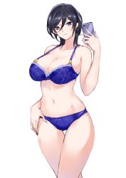 Rule 34 | 1girl, absurdres, bare shoulders, black hair, blue bra, blue eyes, blue panties, bra, breasts, cellphone, cleavage, closed mouth, collarbone, commentary request, curvy, earrings, hair between eyes, hand on own hip, highres, holding, holding phone, jewelry, large breasts, looking at viewer, mogi yasunobu, mole, mole under mouth, nail polish, navel, original, panties, phone, purple nails, short hair, smartphone, smile, solo, stomach, thighs, underwear