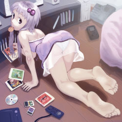 Rule 34 | 1girl, all fours, ass, back, bare shoulders, barefoot, cd, cd case, dress, feet, game boy, game boy (original), hair ornament, handheld game console, highres, legs, long hair, looking back, low twintails, mouth hold, panties, pantyshot, purple eyes, purple hair, see-through, short dress, short hair with long locks, soles, solo, soon (c-u-soon), toes, twintails, underwear, vocaloid, voiceroid, white panties, yuzuki yukari