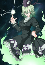 Rule 34 | 1girl, arm garter, benizuwai, black hat, commentary request, dress, electricity, fire, frilled dress, frilled sleeves, frills, ghost tail, green dress, green eyes, green fire, green hair, hair between eyes, hand on own hip, hat, highres, index finger raised, juliet sleeves, long sleeves, matching hair/eyes, puffy sleeves, short hair, soga no tojiko, solo, sparks, tate eboshi, touhou