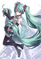 Rule 34 | 1girl, absurdly long hair, absurdres, aqua eyes, aqua hair, aqua necktie, black skirt, blush, boots, closed mouth, commentary request, detached sleeves, full body, grey shirt, hatsune miku, headphones, highres, holding, holding own hair, ishiyuki, long hair, necktie, revision, shirt, skirt, sleeveless, solo, thigh boots, twintails, very long hair, vocaloid