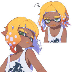 1boy absurdres blonde_hair blush cropped_torso dark-skinned_male dark_skin eyebrow_cut fangs gradient_hair highres inkling inkling_boy inkling_player_character male_focus medium_hair multicolored_hair multiple_views nintendo open_mouth orange_hair pointy_ears print_shirt shirt simple_background sleeveless sleeveless_shirt splatoon_(series) splatoon_3 squiggle surume01417 sweat tentacle_hair thick_eyebrows two-tone_hair white_background white_shirt