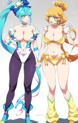 Rule 34 | 2girls, aged up, aqua hair, artist name, bare shoulders, bikini, blue footwear, boots, breasts, choker, cleavage, closed mouth, clothing cutout, collarbone, cure papaya, cure spicy, delicious party precure, detached collar, earrings, eye contact, fingerless gloves, food-themed earrings, fuwa kokone, gloves, gluteal fold, gradient background, green eyes, grey background, groin, hand up, heart, heart cutout, heart earrings, highleg, highleg leotard, highres, holding hands, ichinose minori, jewelry, joy ride, large breasts, leotard, light smile, long hair, looking at another, multicolored hair, multiple girls, navel, open mouth, orange footwear, orange hair, pantyhose, pink hair, precure, ribbon, smile, standing, swimsuit, teeth, thighs, tropical-rouge! precure, two-tone hair, upper teeth only, very long hair, white background, white gloves, yellow bikini