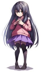 Rule 34 | 1girl, black hair, brown eyes, creek (moon-sky), feet, full body, highres, long hair, no shoes, original, own hands together, pink shirt, pleated skirt, purple skirt, shirt, skirt, smile, solo, standing, thighhighs, thighs, toes