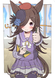 Rule 34 | 1girl, animal ears, beret, blush, bow, bowtie, brown hair, closed mouth, flying sweatdrops, hair between eyes, hat, highres, holding, holding pencil, horse ears, horse girl, horse tail, long hair, long sleeves, looking at viewer, outstretched arm, pencil, purple eyes, purple hat, purple shirt, purple skirt, purple thighhighs, rakugakiraid, red hat, rice shower (umamusume), sailor collar, school uniform, shirt, sitting, sketchbook, skirt, solo, tail, thighhighs, thumbs up, tracen school uniform, umamusume