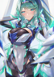 Rule 34 | 1girl, breasts, chest jewel, commentary request, earrings, female focus, gem, gloves, green eyes, green hair, headpiece, inoue takuya (tactactak), jewelry, large breasts, long hair, matching hair/eyes, pneuma (xenoblade), ponytail, solo, swept bangs, tiara, very long hair, xenoblade chronicles (series), xenoblade chronicles 2