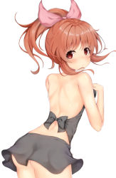 Rule 34 | 1girl, abe nana, ass, backless outfit, bow, brown hair, from behind, grey skirt, hair bow, high ponytail, hinakurukuru, idolmaster, idolmaster cinderella girls, leaning forward, long hair, looking at viewer, looking back, miniskirt, pink bow, red eyes, sidelocks, simple background, skirt, solo, standing, white background