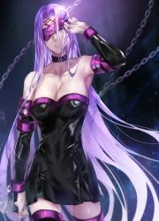 Rule 34 | 1girl, black dress, black footwear, black sleeves, blindfold, blindfold lift, boots, breasts, chain, collar, cowboy shot, dagger, detached sleeves, dress, facial mark, fate/stay night, fate (series), forehead mark, highres, holding, holding weapon, knife, large breasts, long hair, long sleeves, medusa (fate), medusa (rider) (fate), muneomon (takomon), nameless dagger (fate), one eye covered, purple blindfold, purple collar, purple hair, short dress, solo, square pupils, standing, strapless, strapless dress, thigh boots, thighhighs, tube dress, very long hair, weapon