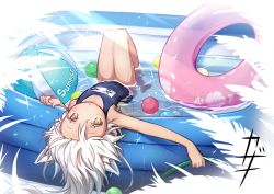 Rule 34 | 1girl, :o, animal ears, ball, beachball, blue one-piece swimsuit, brown eyes, day, holding, holding hose, hose, innertube, kazana (sakuto), knees up, long hair, looking at viewer, lying, on back, one-piece swimsuit, original, parted lips, partially submerged, saku (kazana), school swimsuit, solo, summer, sunlight, swim ring, swimsuit, tail, tan, transparent, very long hair, wading pool, water, wet, white hair, wolf ears, wolf girl, wolf tail